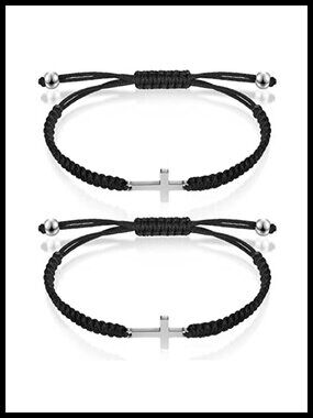 2 Pc Stainless Steel Nylon Rope Cross Bracelets Adjustable Men Women